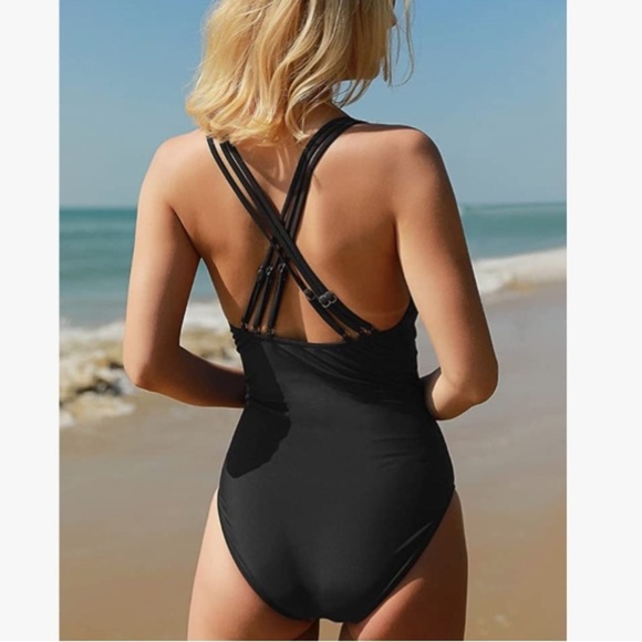 Summermae NWT one piece swimsuit V neck tummy control cross strappy back - Picture 3 of 16